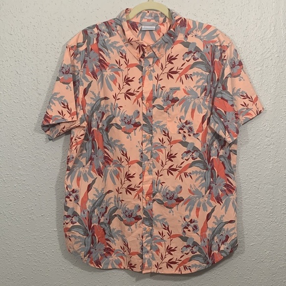 Columbia Peach Floral Print Short Sleeve Cotton Stretch Button Up Shirt size L - Picture 1 of 11